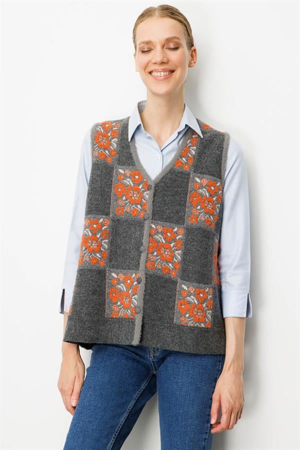 Kadın Pıtırcık Çiçekli Patchwork Keçe Yün Yelek Füme_Portakal