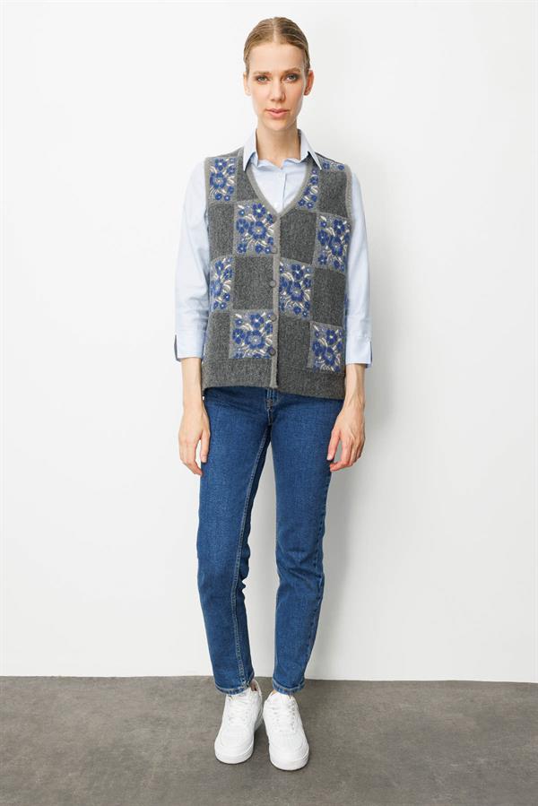 Kadın Pıtırcık Çiçekli Patchwork Keçe Yün Yelek Füme_Mavi