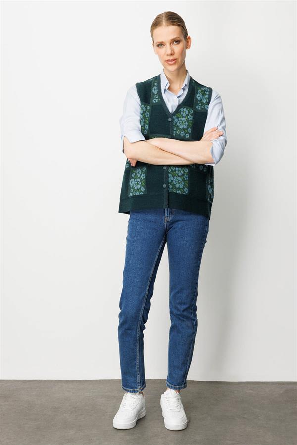 Kadın Pıtırcık Çiçekli Patchwork Keçe Yün Yelek Yeşil_M.Yeşili
