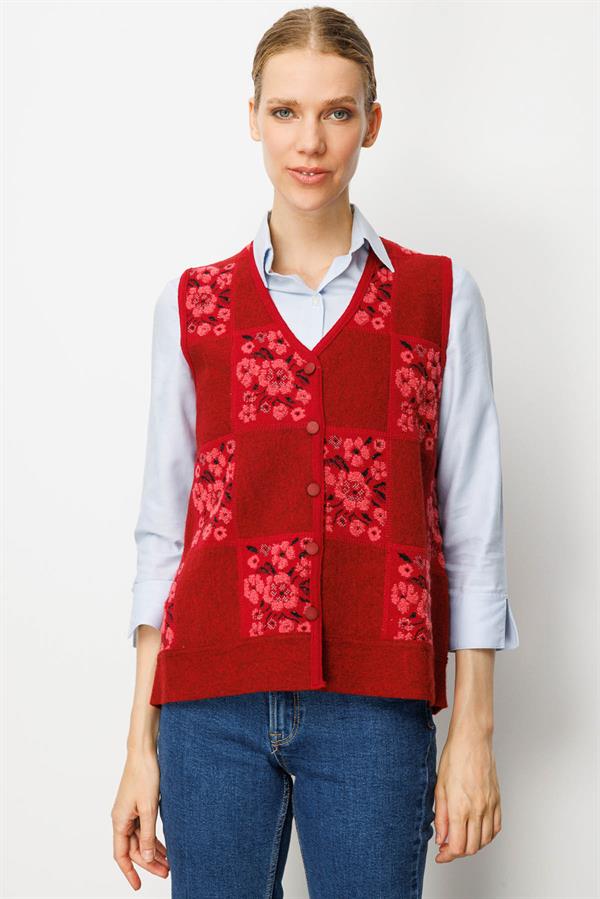 Kadın Pıtırcık Çiçekli Patchwork Keçe Yün Yelek Y.Kırmızı_Y.Ş.Pembe