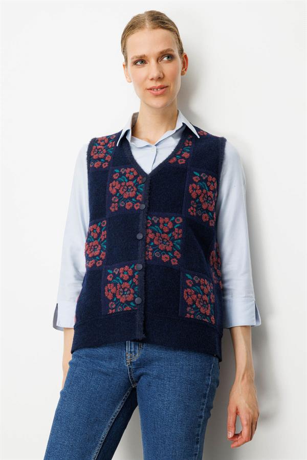 Kadın Pıtırcık Çiçekli Patchwork Keçe Yün Yelek K.G Kurusu