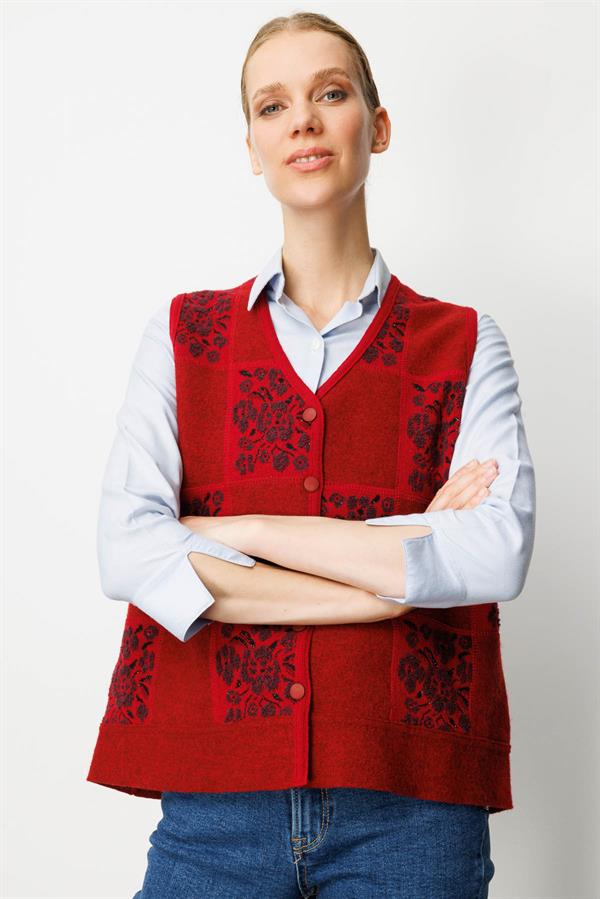 Kadın Pıtırcık Çiçekli Patchwork Keçe Yün Yelek Y.Kırmızı_K.Mürdüm