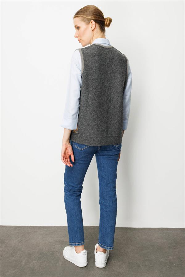 Kadın Pıtırcık Çiçekli Patchwork Keçe Yün Yelek Füme_Hardal