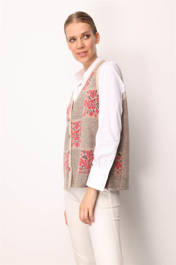 Kadın Pıtırcık Çiçekli Patchwork Keçe Yün Yelek Bej_Y.Ş.Pembe