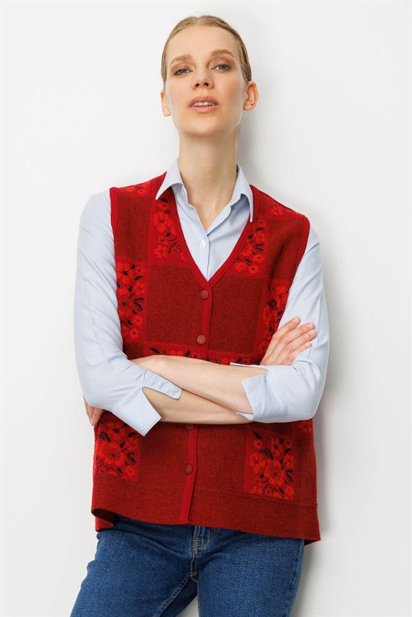 Kadın Pıtırcık Çiçekli Patchwork Keçe Yün Yelek Y.Kırmızı_Mercan