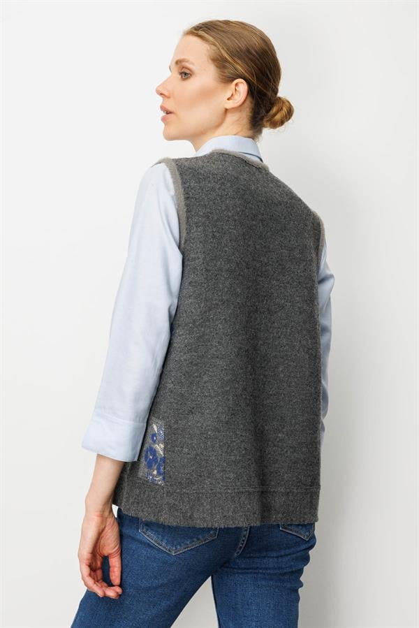 Kadın Pıtırcık Çiçekli Patchwork Keçe Yün Yelek Füme_Mavi