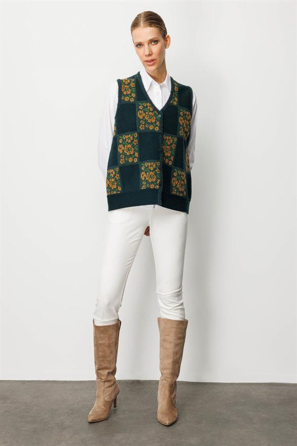 Kadın Pıtırcık Çiçekli Patchwork Keçe Yün Yelek Yeşil_Taba