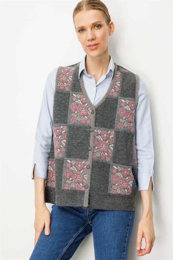 Kadın Pıtırcık Çiçekli Patchwork Keçe Yün Yelek Füme_Y.G.Kurusu