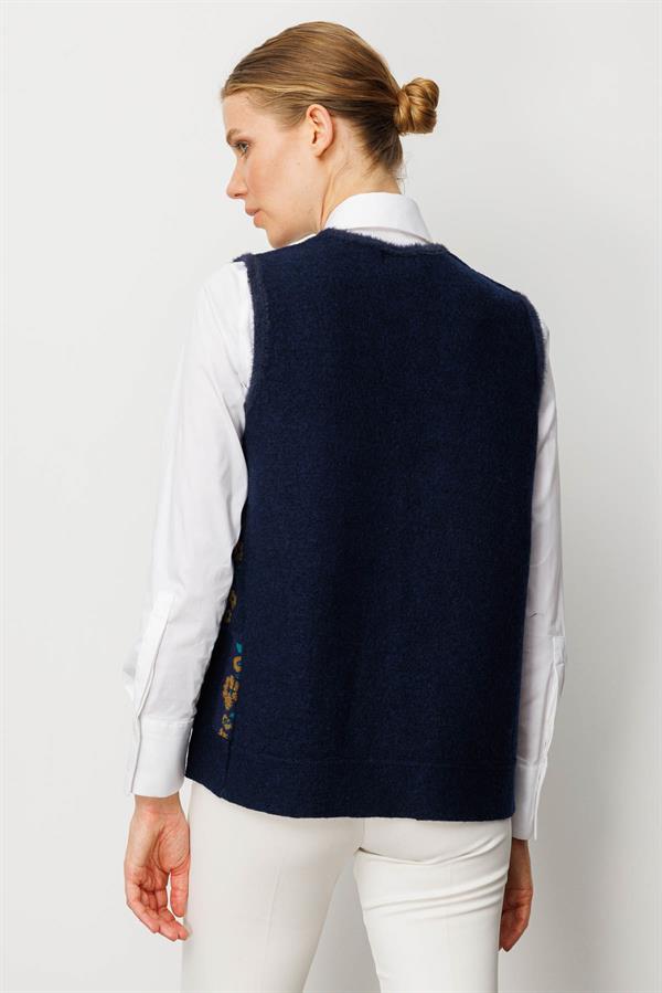 Kadın Pıtırcık Çiçekli Patchwork Keçe Yün Yelek O.Haki