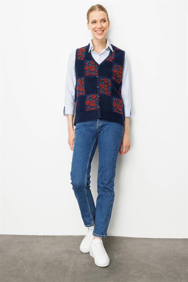 Kadın Pıtırcık Çiçekli Patchwork Keçe Yün Yelek K.Kiremit