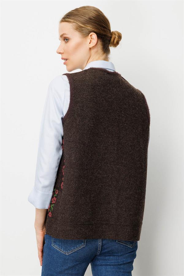 Kadın Pıtırcık Çiçekli Patchwork Keçe Yün Yelek K.Kahve_G.Kurusu