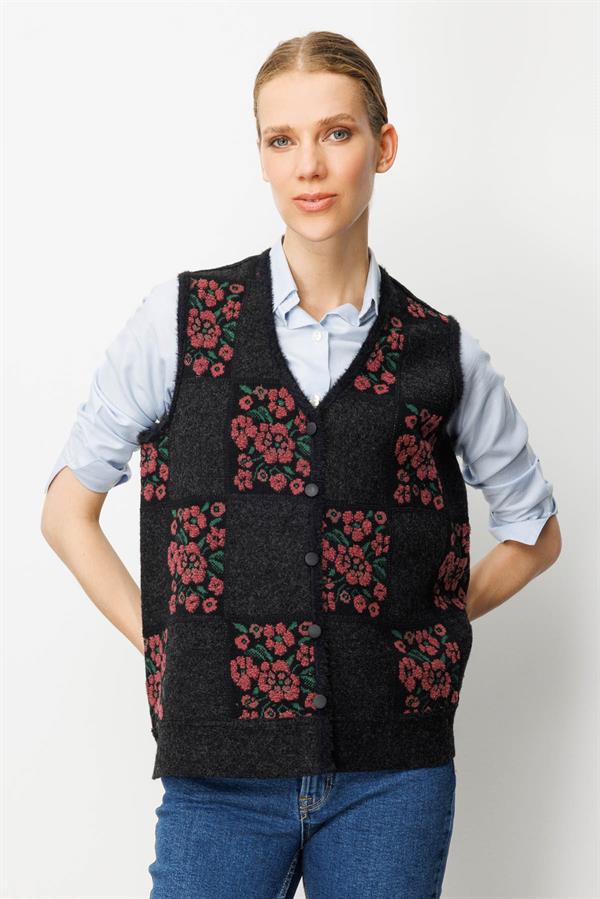 Kadın Pıtırcık Çiçekli Patchwork Keçe Yün Yelek Siyah_G.Kurusu