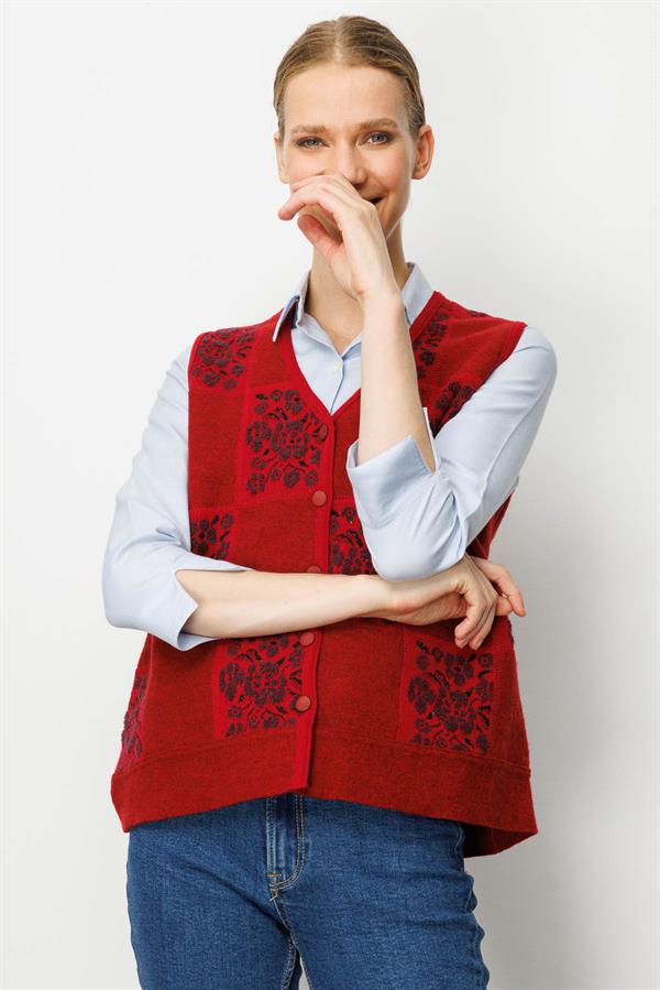 Kadın Pıtırcık Çiçekli Patchwork Keçe Yün Yelek Y.Kırmızı_K.Mürdüm