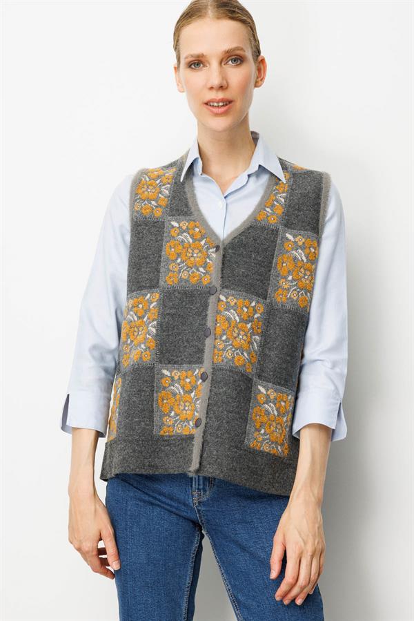 Kadın Pıtırcık Çiçekli Patchwork Keçe Yün Yelek Füme_Hardal