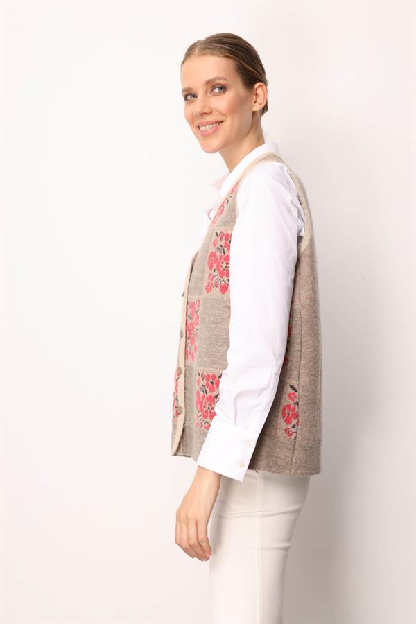 Kadın Pıtırcık Çiçekli Patchwork Keçe Yün Yelek Bej_Y.Ş.Pembe