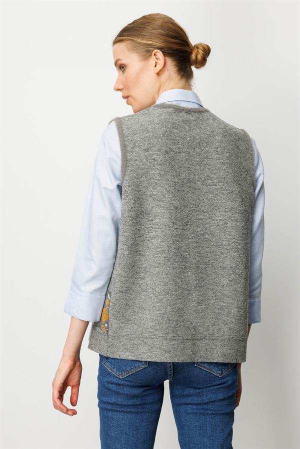 Kadın Pıtırcık Çiçekli Patchwork Keçe Yün Yelek Y.Füme_Hardal