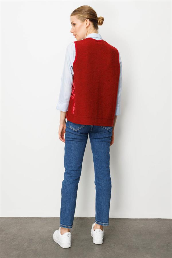 Kadın Pıtırcık Çiçekli Patchwork Keçe Yün Yelek Y.Kırmızı_Y.Ş.Pembe