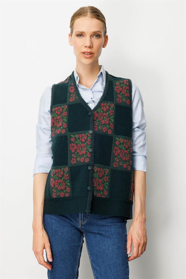 Kadın Pıtırcık Çiçekli Patchwork Keçe Yün Yelek Yeşil_K.G.Kurusu
