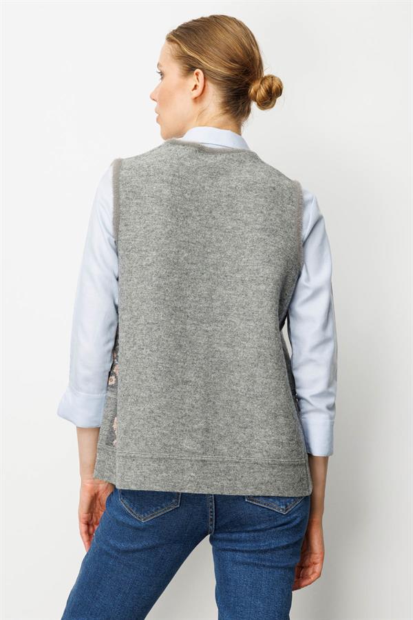 Kadın Pıtırcık Çiçekli Patchwork Keçe Yün Yelek Y.Füme_A.Pembe