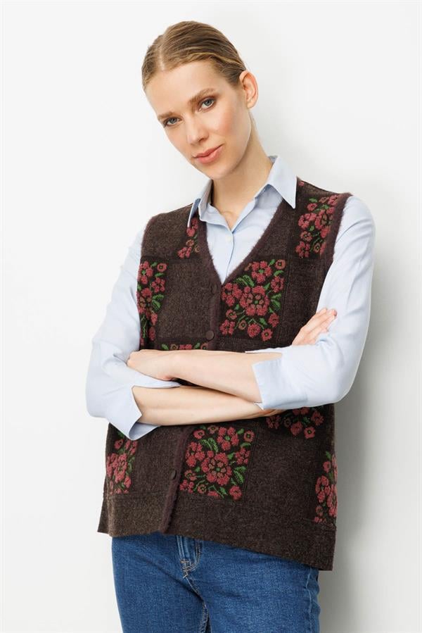 Kadın Pıtırcık Çiçekli Patchwork Keçe Yün Yelek K.Kahve_G.Kurusu