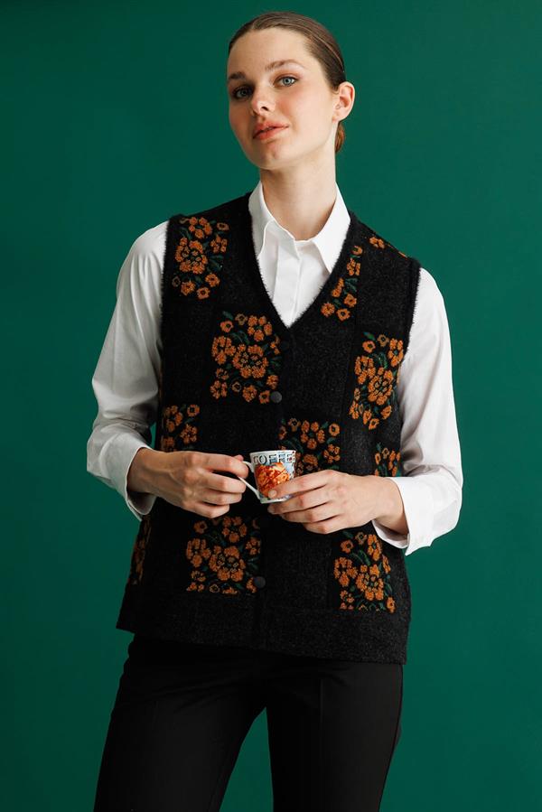 Kadın Pıtırcık Çiçekli Patchwork Keçe Yün Yelek Siyah_Tarçın