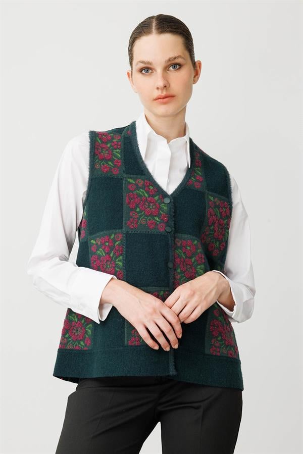 Kadın Pıtırcık Çiçekli Patchwork Keçe Yün Yelek Yeşil_Mürdüm