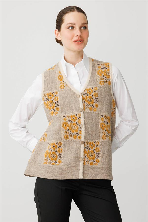 Kadın Pıtırcık Çiçekli Patchwork Keçe Yün Yelek Bej_Hardal