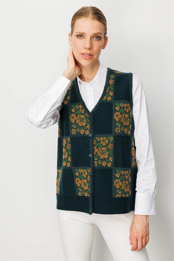 Kadın Pıtırcık Çiçekli Patchwork Keçe Yün Yelek Yeşil_Taba