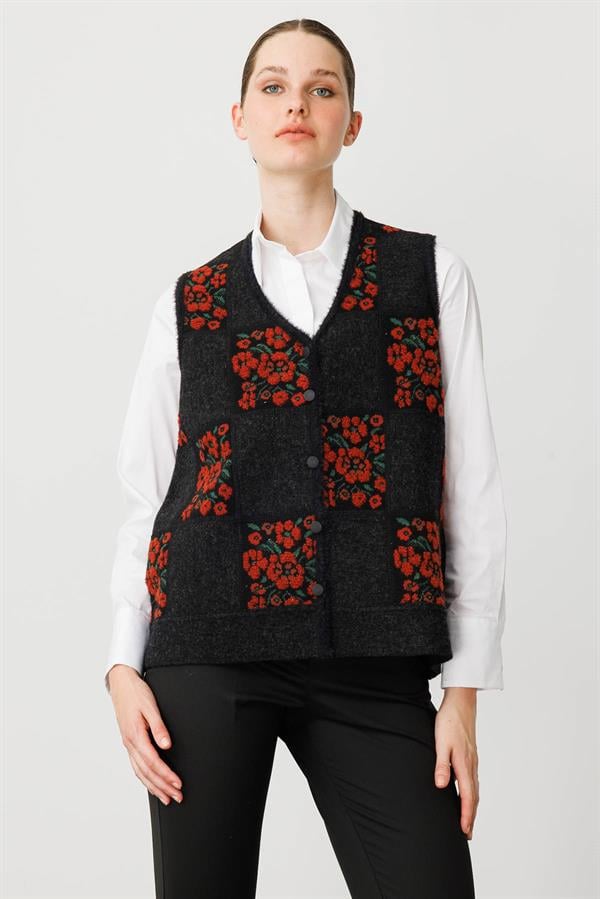 Kadın Pıtırcık Çiçekli Patchwork Keçe Yün Yelek Siyah_K.Kiremit