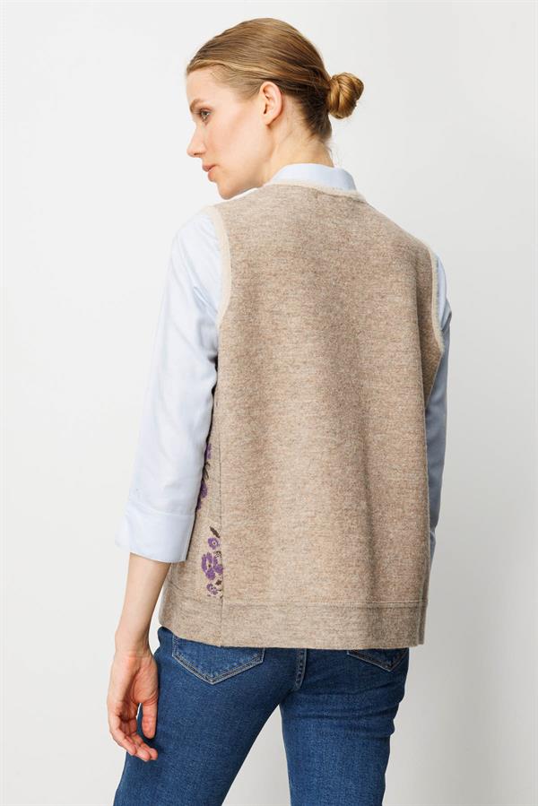 Kadın Pıtırcık Çiçekli Patchwork Keçe Yün Yelek Bej_Mor