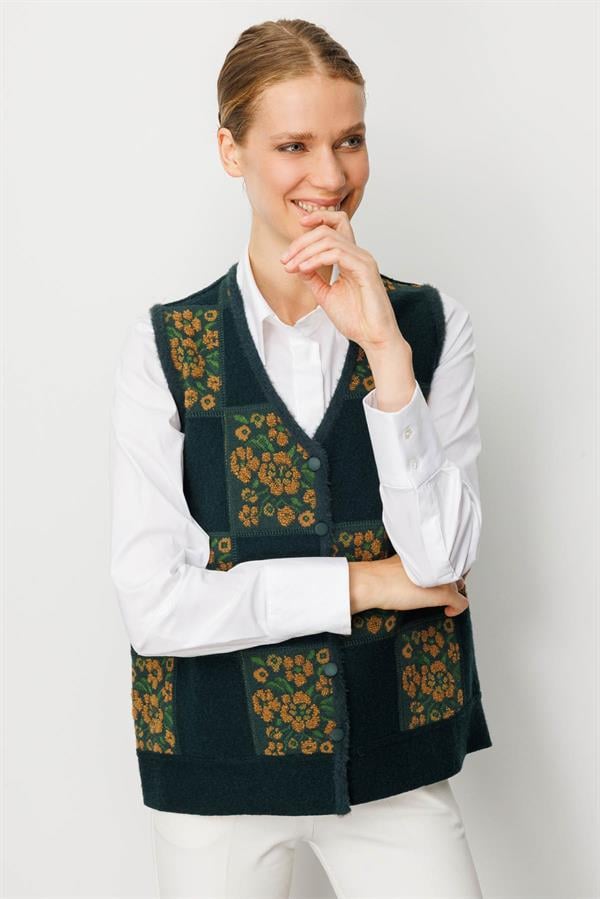 Kadın Pıtırcık Çiçekli Patchwork Keçe Yün Yelek Yeşil_Taba