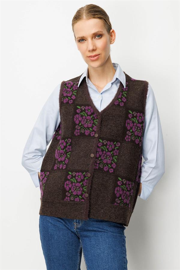 Kadın Pıtırcık Çiçekli Patchwork Keçe Yün Yelek K.Kahve_A.Mor