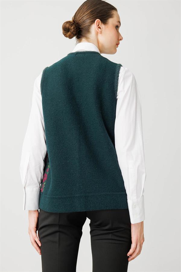 Kadın Pıtırcık Çiçekli Patchwork Keçe Yün Yelek Yeşil_Mürdüm