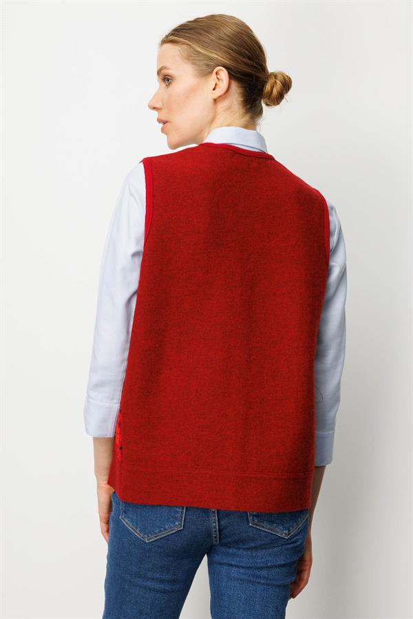 Kadın Pıtırcık Çiçekli Patchwork Keçe Yün Yelek Y.Kırmızı_Mercan