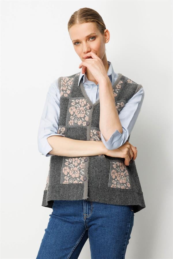 Kadın Pıtırcık Çiçekli Patchwork Keçe Yün Yelek Füme_A.Pembe