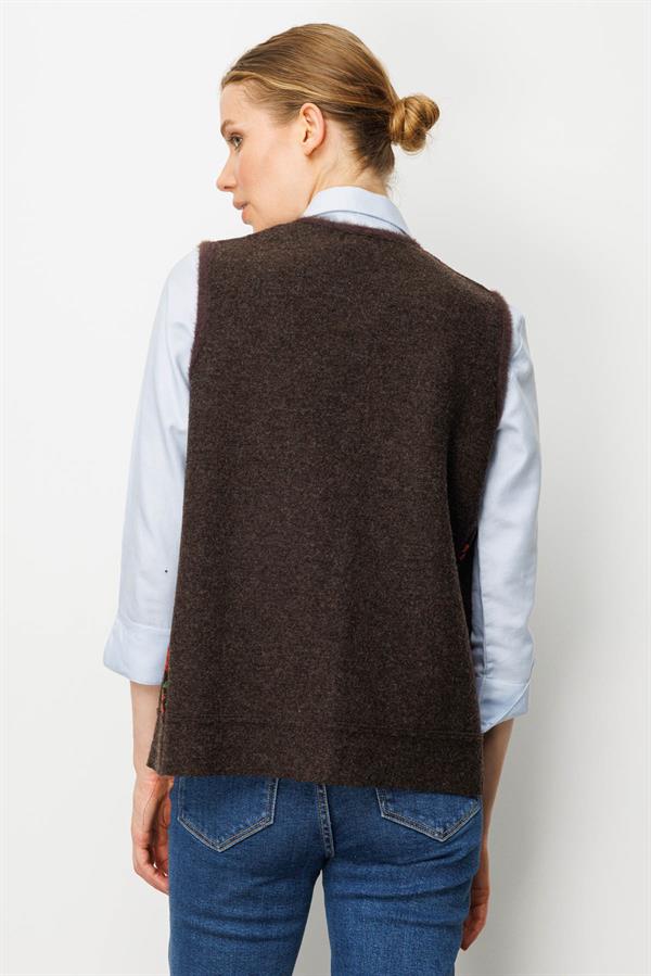 Kadın Pıtırcık Çiçekli Patchwork Keçe Yün Yelek K.Kahve_Kiremit