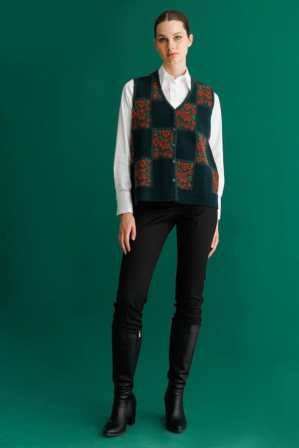 Kadın Pıtırcık Çiçekli Patchwork Keçe Yün Yelek Yeşil_Kiremit