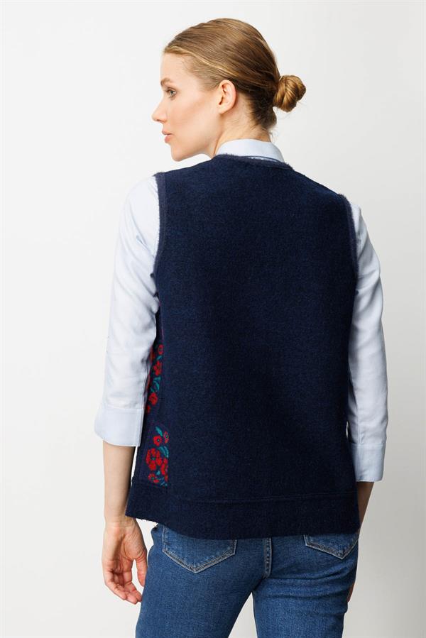 Kadın Pıtırcık Çiçekli Patchwork Keçe Yün Yelek Y.A.Lacivert_K.Kırmızı