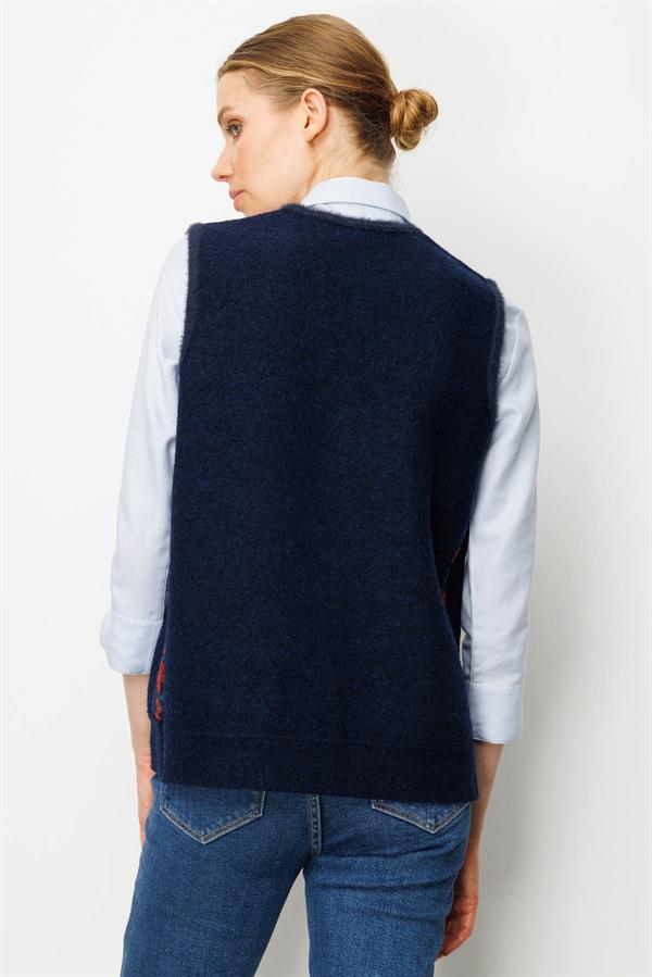 Kadın Pıtırcık Çiçekli Patchwork Keçe Yün Yelek K.Kiremit