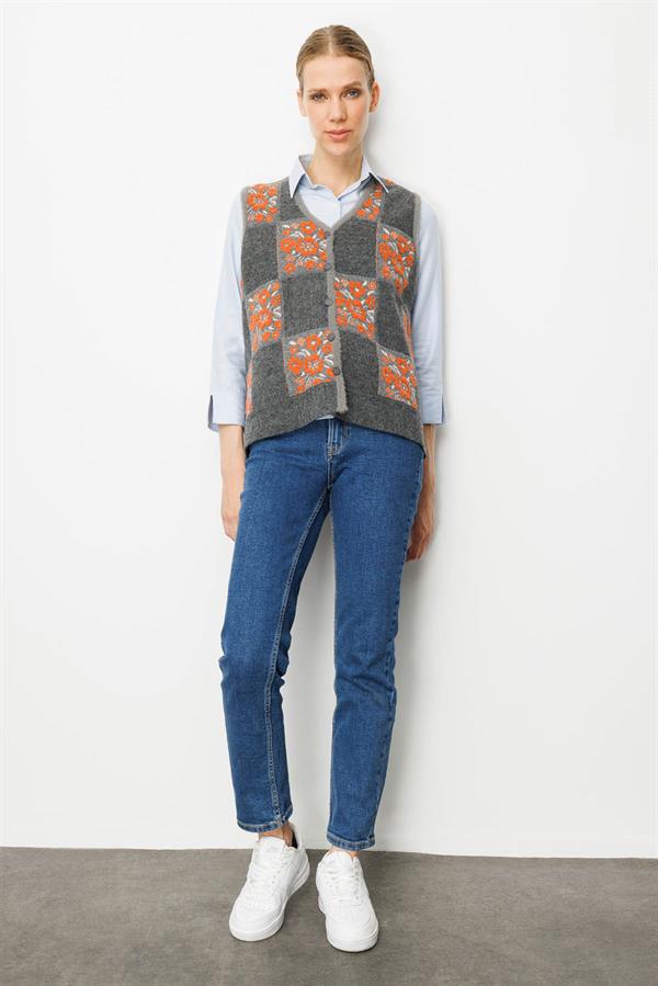 Kadın Pıtırcık Çiçekli Patchwork Keçe Yün Yelek Füme_Portakal