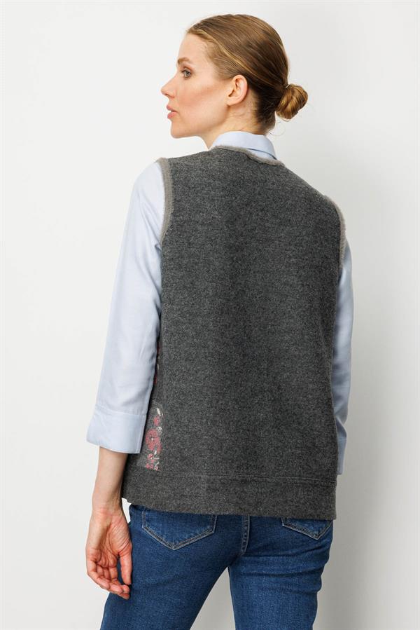 Kadın Pıtırcık Çiçekli Patchwork Keçe Yün Yelek Füme_Y.G.Kurusu