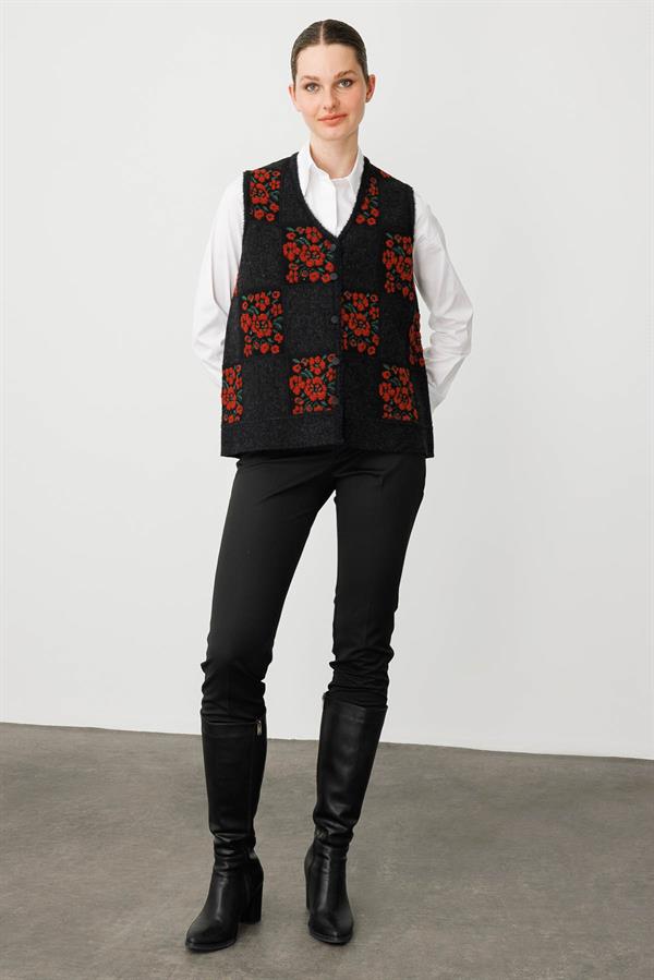 Kadın Pıtırcık Çiçekli Patchwork Keçe Yün Yelek Siyah_K.Kiremit