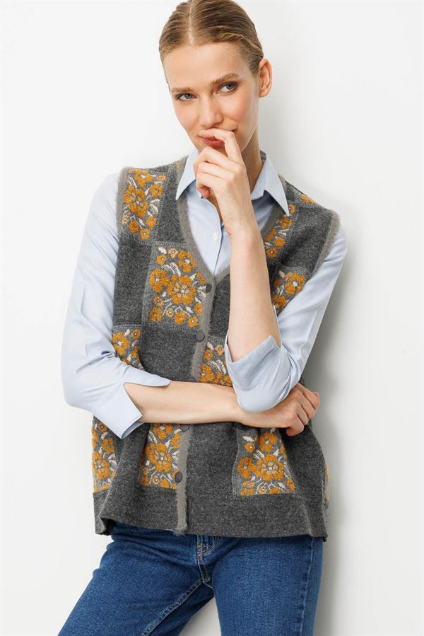 Kadın Pıtırcık Çiçekli Patchwork Keçe Yün Yelek Füme_Hardal
