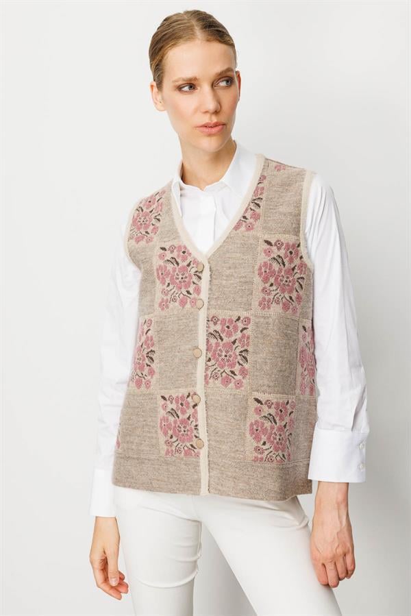 Kadın Pıtırcık Çiçekli Patchwork Keçe Yün Yelek Bej_Y.G..Kurusu