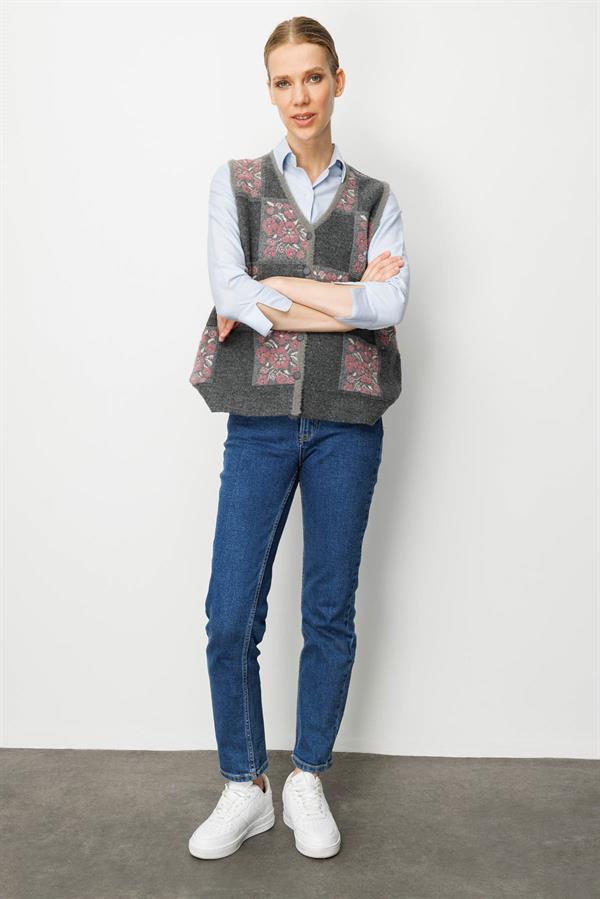 Kadın Pıtırcık Çiçekli Patchwork Keçe Yün Yelek Füme_Y.G.Kurusu