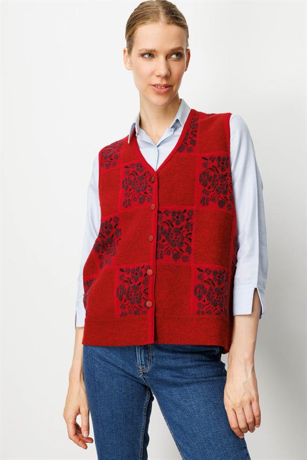Kadın Pıtırcık Çiçekli Patchwork Keçe Yün Yelek Y.Kırmızı_K.Mürdüm