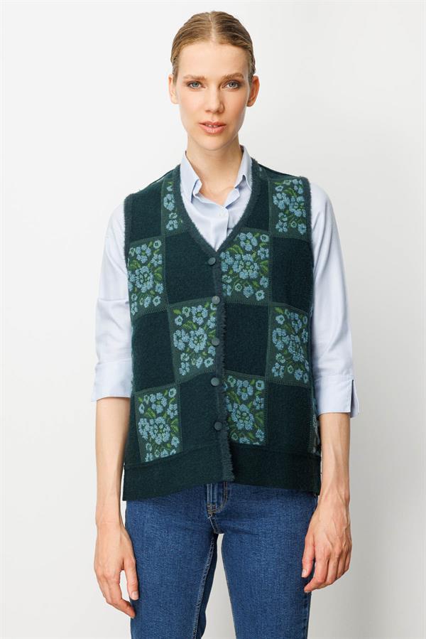 Kadın Pıtırcık Çiçekli Patchwork Keçe Yün Yelek Yeşil_M.Yeşili