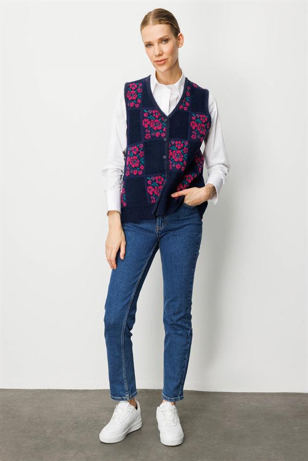 Kadın Pıtırcık Çiçekli Patchwork Keçe Yün Yelek Sıklamen