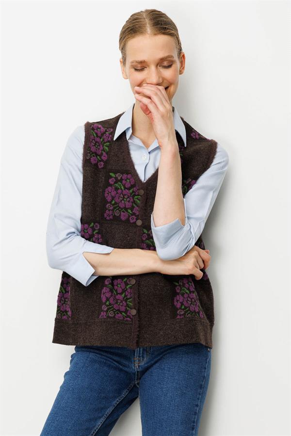 Kadın Pıtırcık Çiçekli Patchwork Keçe Yün Yelek K.Kahve_A.Mor