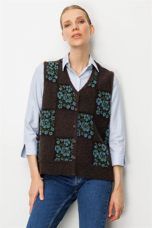 Kadın Pıtırcık Çiçekli Patchwork Keçe Yün Yelek K.Kahve_M.Yeşil